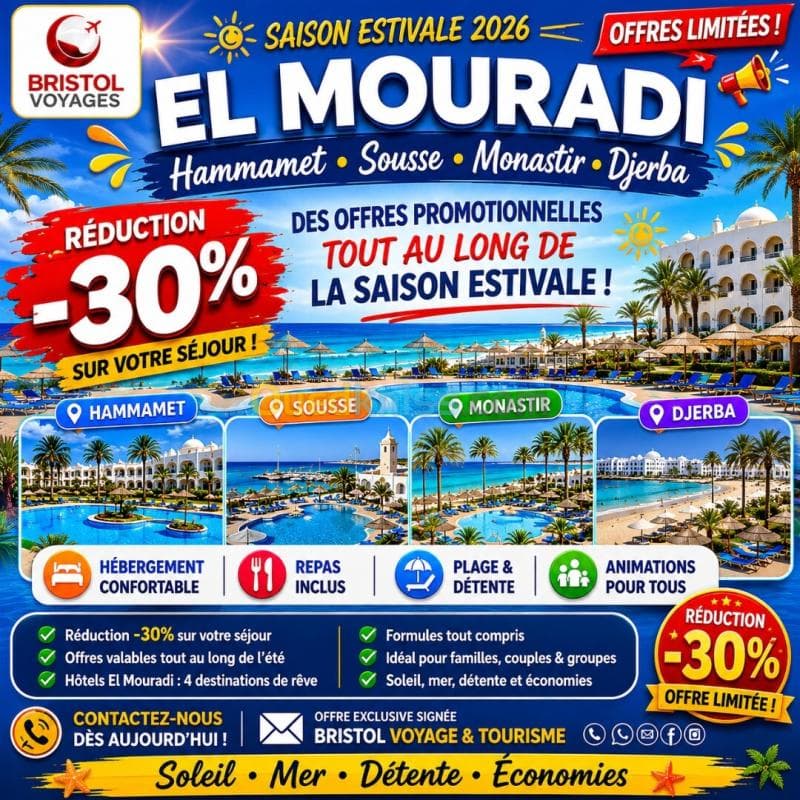Super PROMO LA CHAINE EL MOURADI TUNISIE (Hammamet- Sousse-Monastir - Djerba ) Jusqu'à -30% sur vos vacances d'été — Photo 1